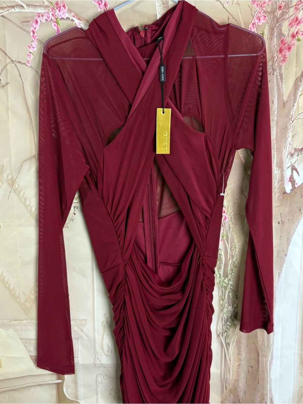 NEW Alexia Admor Burgundy Ruched Mesh Long-Sleeve Evening Dress - Picture 3 of 11